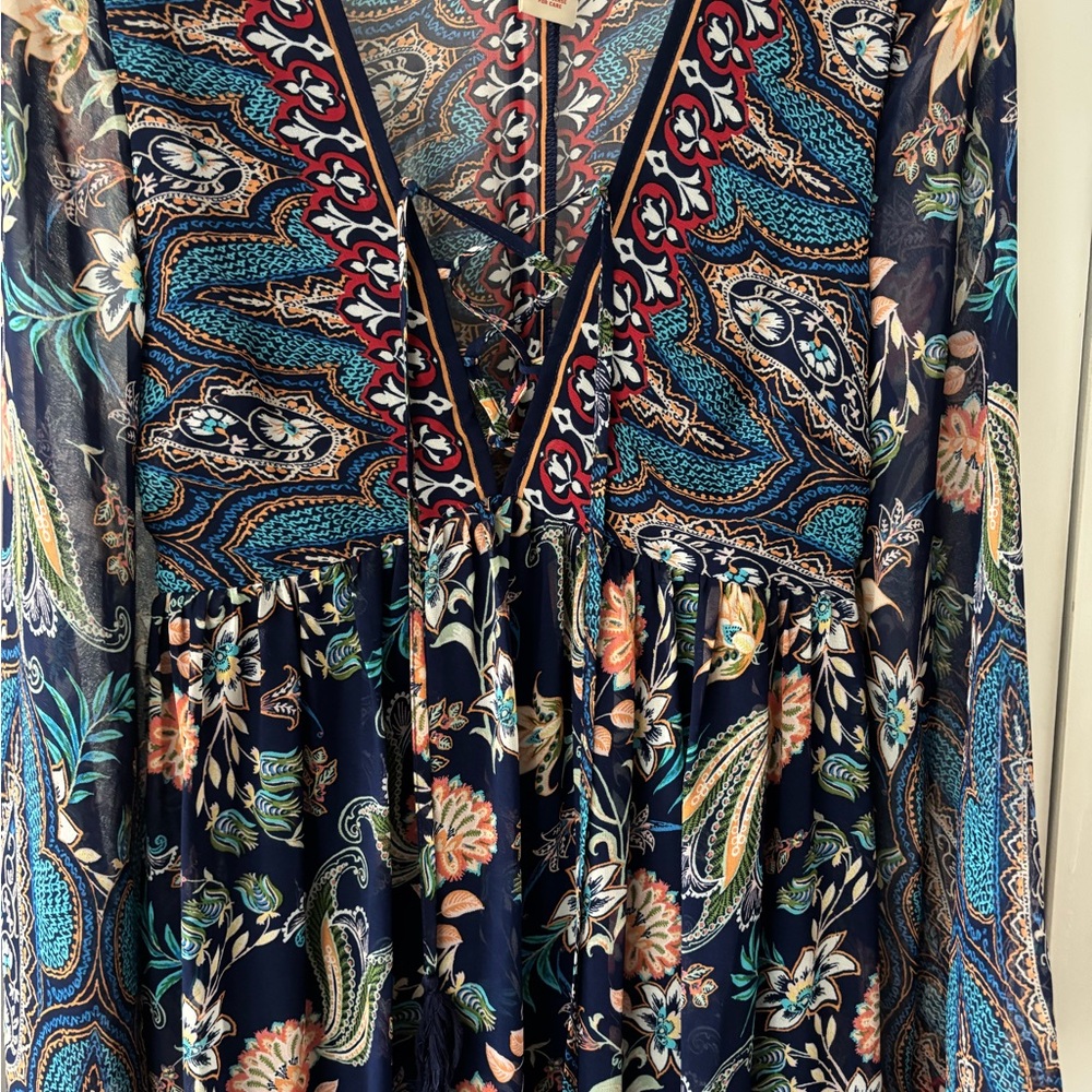 Boho Semi Sheer Maxi w Lace Up Neckline. Bell Sleeves. Festival Dress Fairy Core